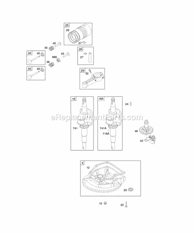 Camshaft Crankcase CoverSump Crankshaft PistonRingsConnecting Rod Diagram and Parts List for 09J902-0415-E1  Briggs and Stratton Engine